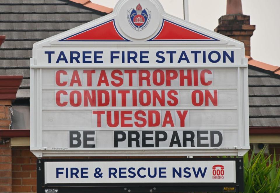 A catastrophic warning sign at Taree Fire Station. 