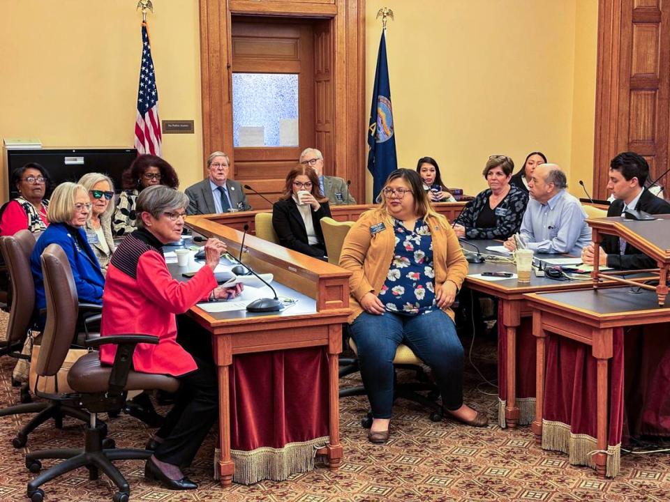 Kansas Gov. Laura Kelly speaks to House Democrats while attempting to build support for a tax plan compromise.