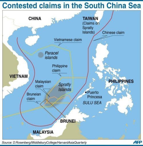 A map showing contested claims in the South China Sea. China and Vietnam have pledged to resolve a row over the strategic South China Sea, state media said, in a bid to ease tensions that prompted accusations of Chinese bullying in the region