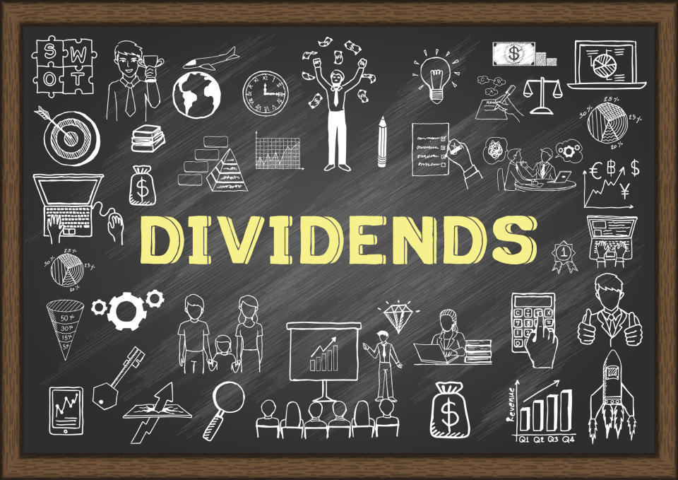 The word Dividends written on a chalkboard surrounded by market-related illustrations.