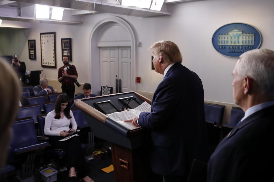 President Donald Trump speaks about the coronavirus in the James Brady Briefing Room, Thursday, March 26, 2020, in Washington. (AP Photo/Alex Brandon)