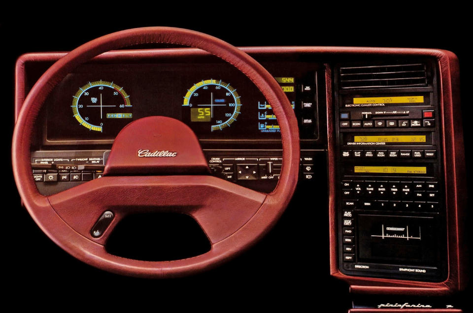 <p>In a bid to keep its position in the luxury car market, Cadillac came up with a new model called the Allante. Pininfarina was brought in to design the <em>Allanté</em>, and as often the case with anything wearing a Pininfarina badge, it had a bit of fizz. The dash centre had an upright tape deck, there was also a driver information centre and electronic climate control – all featuring digital displays backed with a plethora of buttons. <strong>The digital displays showing the speed and rpm looked like compasses</strong>, and topping off the coolness was a large two-spoke steering wheel.</p>