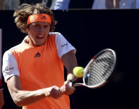 Tennis - WTA - Rome Open - Men's Singles Final - Novak Djokovic of Serbia v Alexander Zverev of Germany - Rome, Italy- 21/5/17- Zverev returns the ball. REUTERS/Alessandro Bianchi