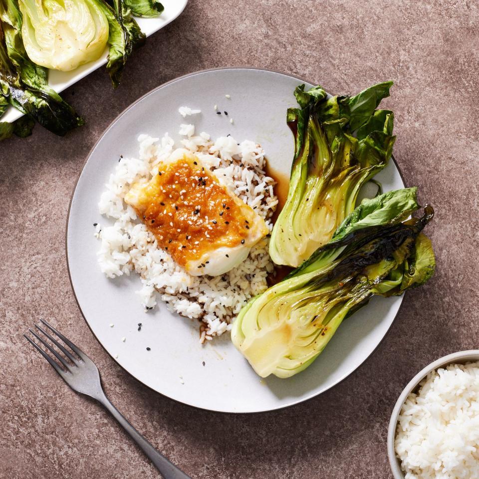 miso butter cod with bok choy and rice