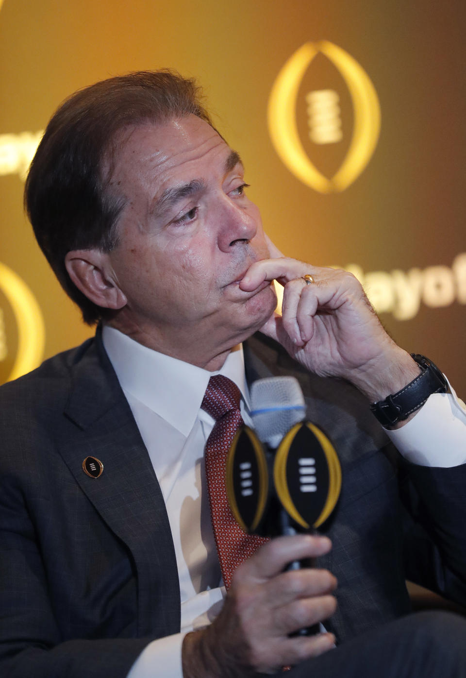 Alabama coach Nick Saban listens during a news conference Thursday, Dec. 6, 2018, in Atlanta. Alabama is one of the four teams in the College Football Playoff. (AP Photo/John Bazemore)