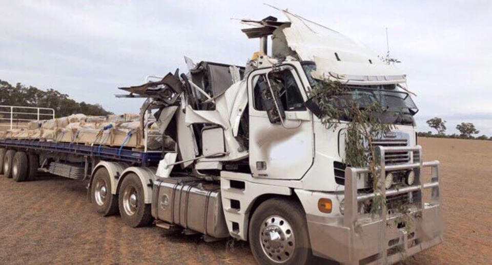 The damage caused to the truck after the driver’s coughing fit. Source: NSW Police Facebook