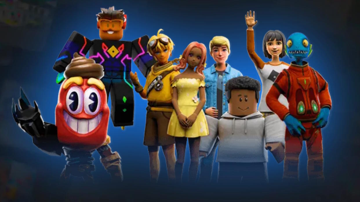  Roblox Creators image - eight Roblox characters standing side-by-side, waving at the viewer. 