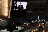 The President of Nauru, Lionel Aingimea speaks via video link during the 76th Session of the U.N. General Assembly at United Nations headquarters in New York, on Thursday, Sept. 23, 2021. (Spencer Platt/Pool Photo via AP)