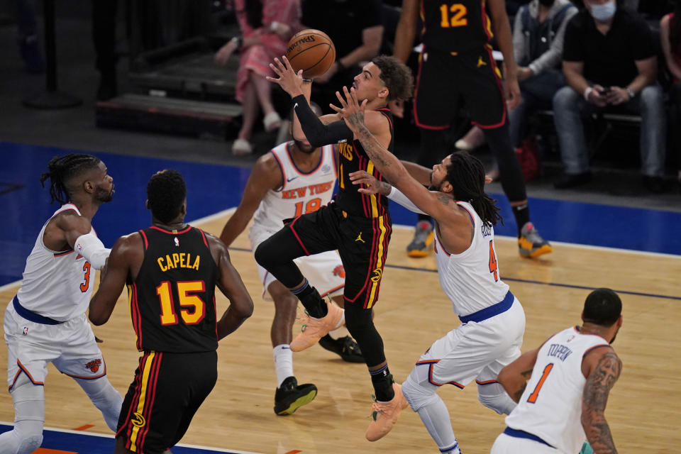 Trae Young capped a stellar NBA playoff debut with a winner against the Knicks. (Seth Wenig - Pool/Getty Images)