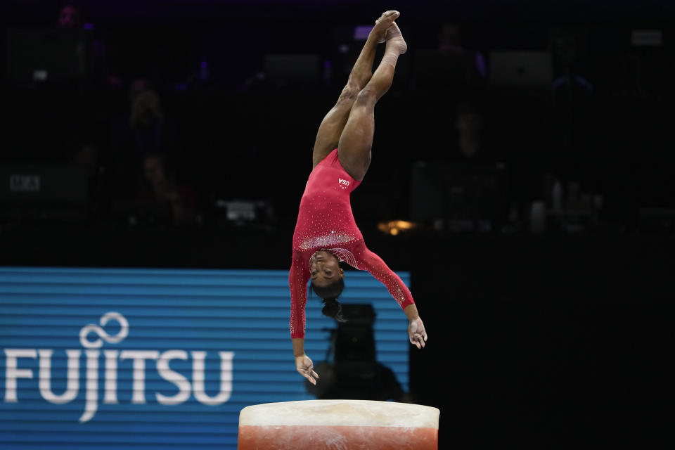 United States' Simone Biles competes on the vault during the apparatus finals at the Artistic Gymnastics World Championships in Antwerp, Belgium, Saturday, Oct. 7, 2023. (AP Photo/Virginia Mayo)