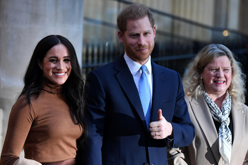 The Duke and Duchess of Sussex leaving after their visit to Canada House, central London, meeting with Canada's High Commissioner to the UK, Janice Charette (right), as well as staff to thank them for the warm hospitality and support they received during their recent stay in Canada.