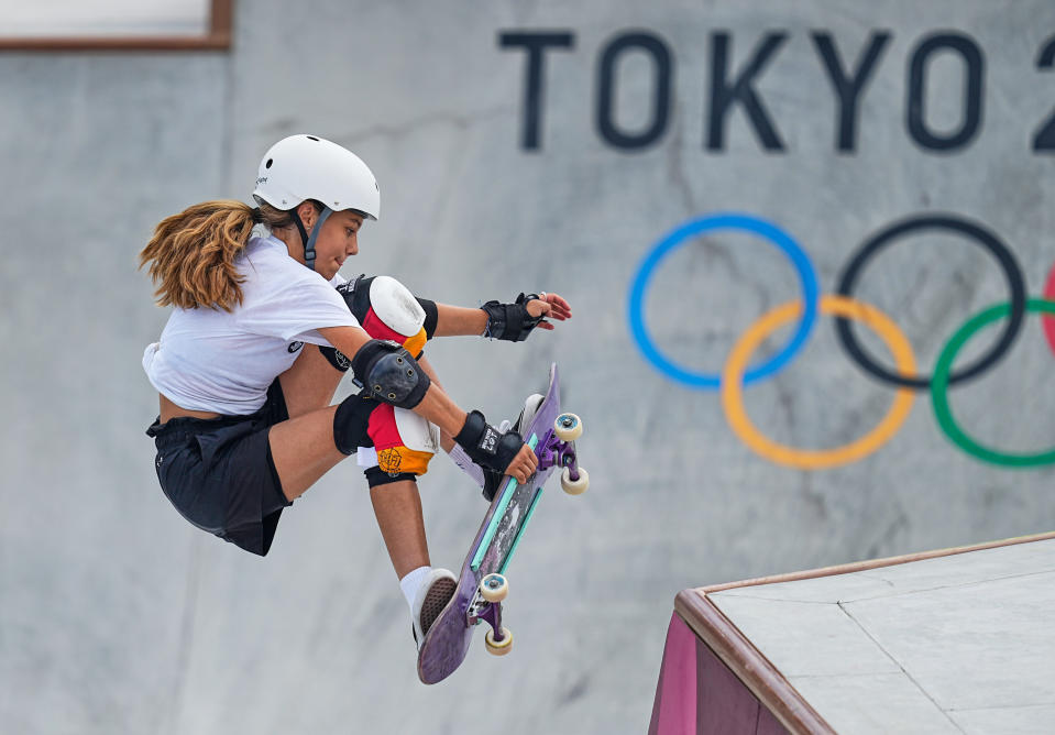 <p>Lilly Stoephasius during women's park skateboard at the Olympics at Ariake Urban Park, Tokyo, Japan on August 4, 2021. (Photo by Ulrik Pedersen/NurPhoto via Getty Images)</p> 