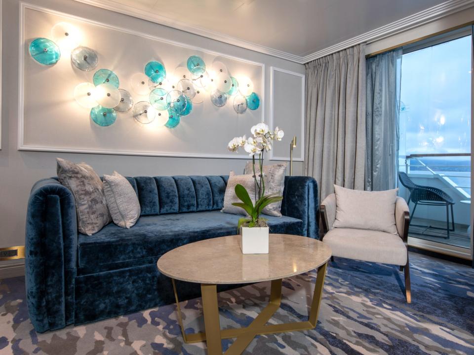 A rendering of the Sapphire suite's living room.