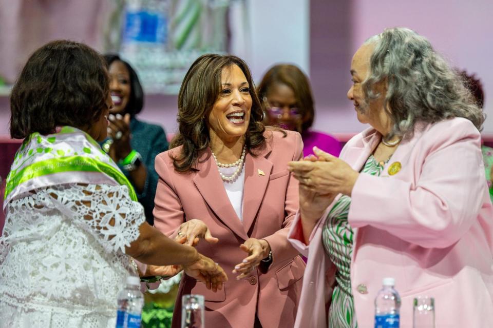 PHOTO: Vice President Kamala Harris greets members of the Alpha Kappa Alpha Sorority after speaking at the Kay Bailey Hutchison Convention Center on July 10, 2024 in Dallas, Texas. (Brandon Bell/Getty Images)