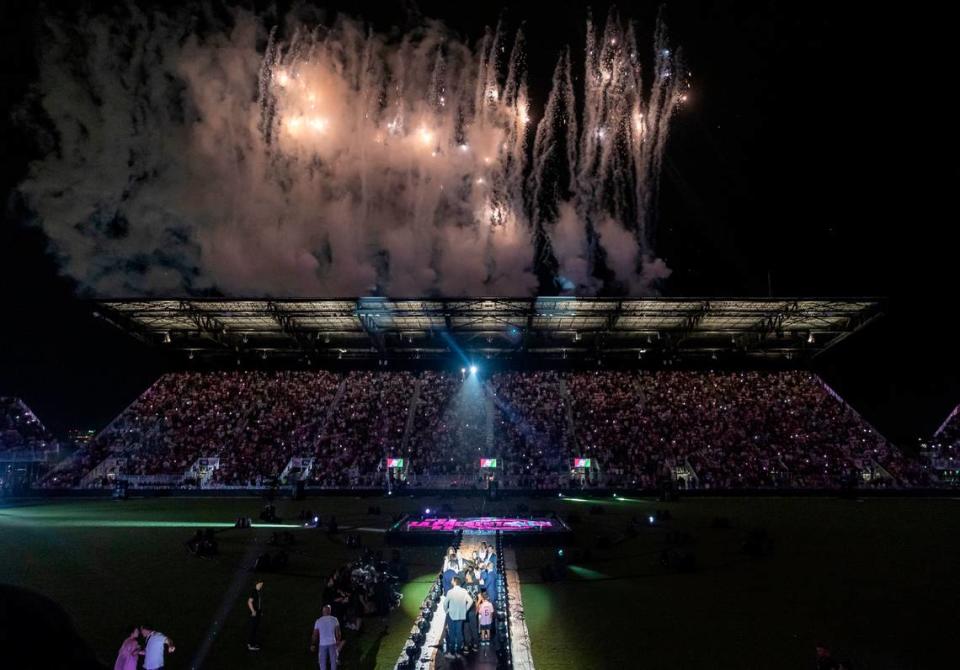 Fireworks are launched during Inter Miami’s The Unveil event at DRV PNK Stadium on Sunday, July 16, 2023, in Fort Lauderdale, Fla. The event was held to officially welcome Argentine forward Lionel Messi (10) and Spanish midfielder Sergio Busquets (5) to the team. MATIAS J. OCNER/mocner@miamiherald.com