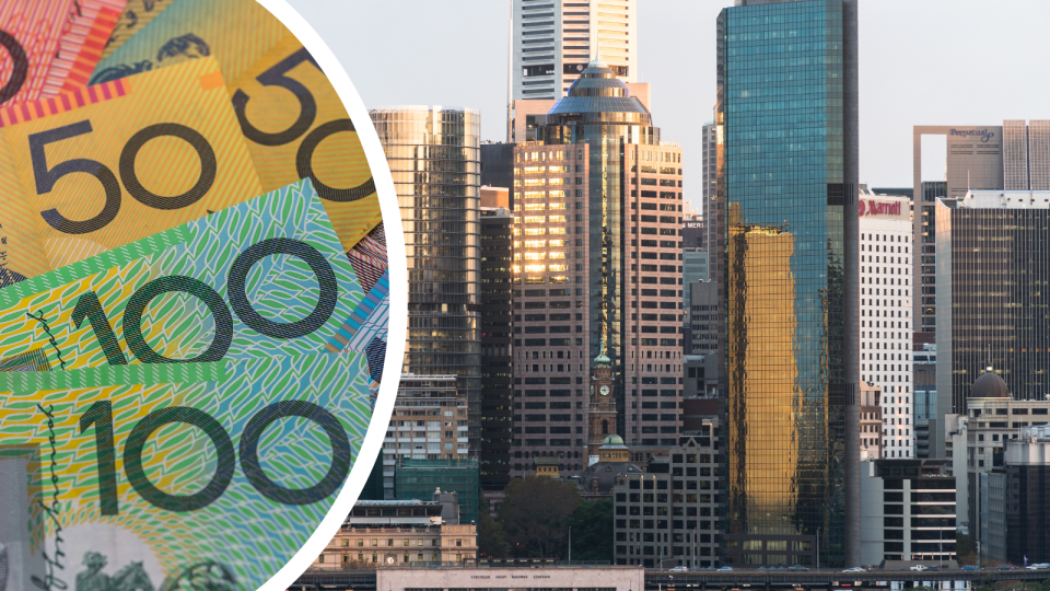 A composite image of Australian currency and the Sydney CBD where many Aussie CEOs work.