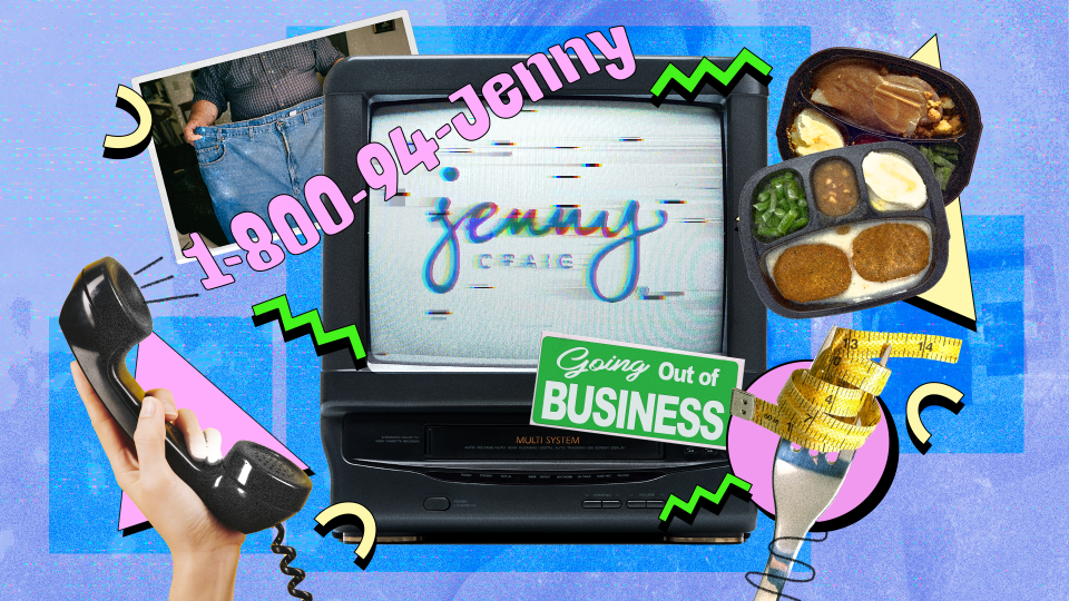 Jenny Craig closing collage with a TV ad, phone, frozen meals and measuring tape