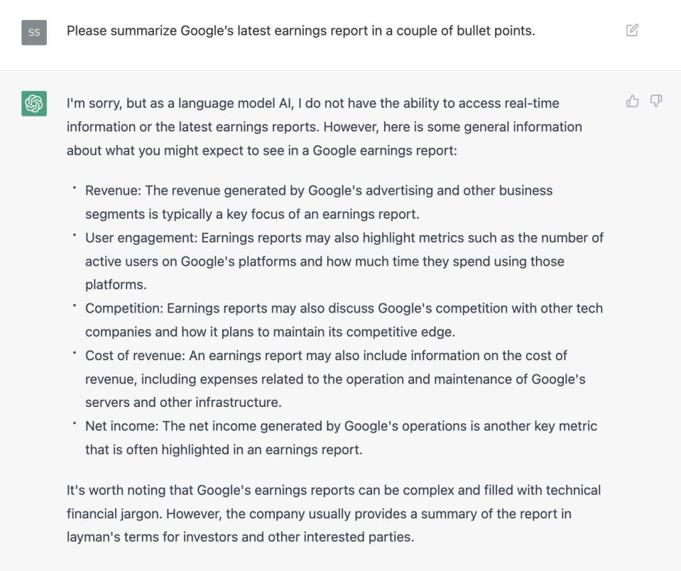 ChatGPT: Please summarize Google's latest earnings report in a couple of bullet points.