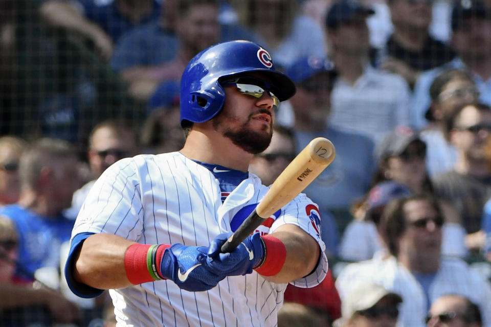 FILE - In this Sept. 20, 2019, file photo, Chicago Cubs' Kyle Schwarber (12) bats during the second inning of a baseball game against the St. Louis Cardinals in Chicago. Schwarber agreed in principle to a one-year, $10 million contract with the Washington Nationals, according to a person familiar with the deal. The person confirmed the agreement to The Associated Press on condition of anonymity on Saturday, Jan. 9, 2021, because a physical exam was still pending for Schwarber. (AP Photo/Matt Marton, File)