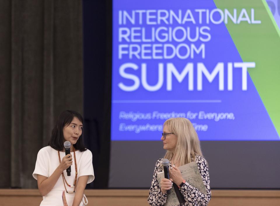 Seng Mai Aung speaks about her life growing up in Myanmar with Katrina Lantos Swett, president of the Lantos Foundation for Human Rights and Justice, at the International Religious Freedoms Summit at the Relief Society building located on Temple Square in Salt Lake City on Wednesday, Aug. 23, 2023. | Laura Seitz, Deseret News