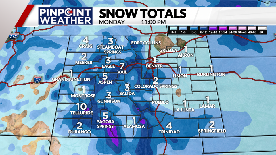 Pinpoint Weather: Snow totals by March 25 at 11 p.m.