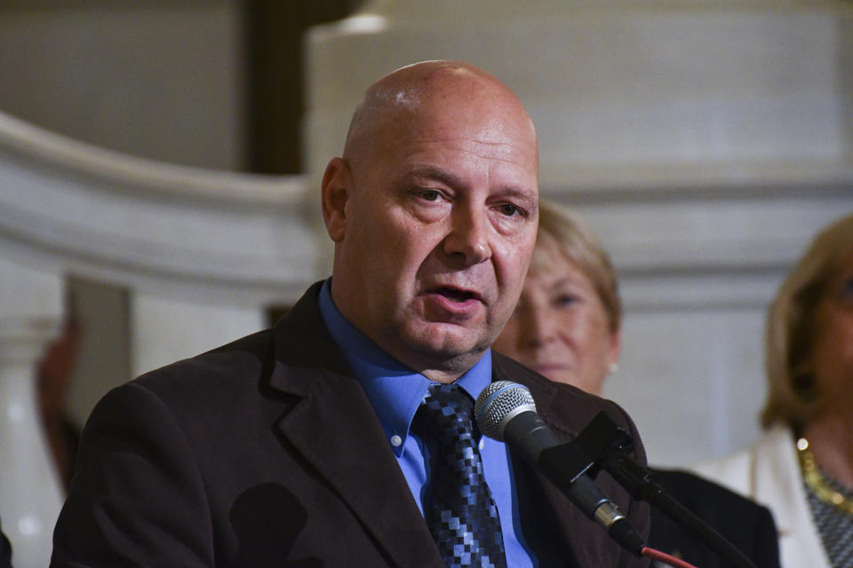 FILE - Doug Mastriano, the Republican gubernatorial nominee in Pennsylvania, speaks at an event on July 1, 2022, at the state Capitol in Harrisburg, Pa. Mastriano's far-right views on everything from abortion to the 2020 presidential election would squander an otherwise attainable seat in a critical battleground state. But now, as the general election season intensifies, the GOP machinery is cranking up to back Mastriano's campaign and attack his Democratic rival, Josh Shapiro. (AP Photo/Marc Levy, File)