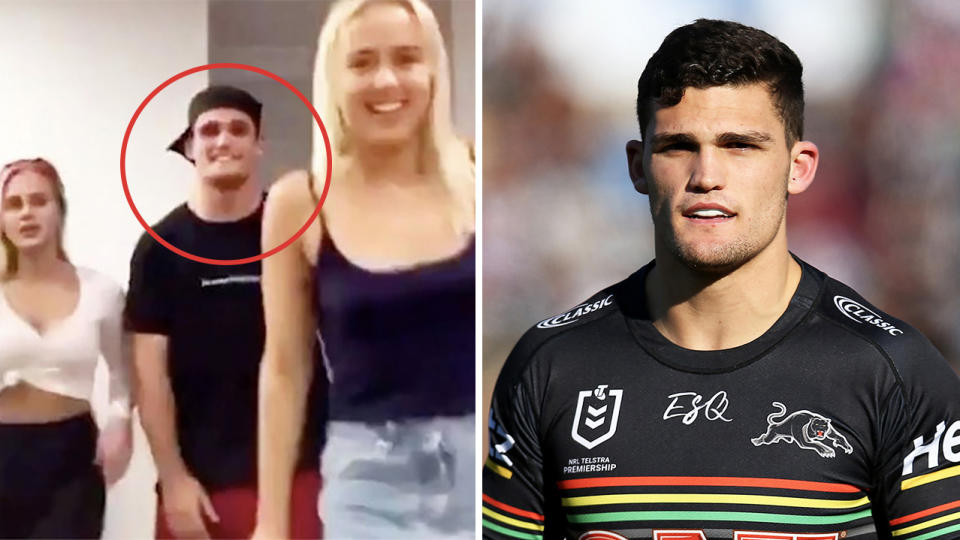 Nathan Cleary (pictured left in the middle) performing a TikTok and playing for the Penrith Panthers. (Getty Images)