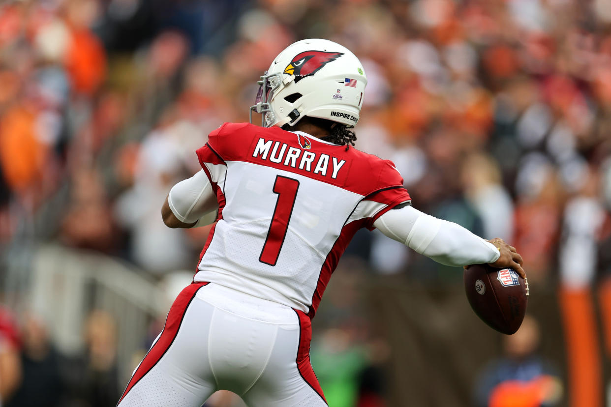 CLEVELAND, OH - OCTOBER 17: Arizona Cardinals quarterback Kyler Murray (1) looks to pass during the first quarter of the National Football League game between the Arizona Cardinals and Cleveland Browns on October 17, 2021, at FirstEnergy Stadium in Cleveland, OH. (Photo by Frank Jansky/Icon Sportswire via Getty Images)