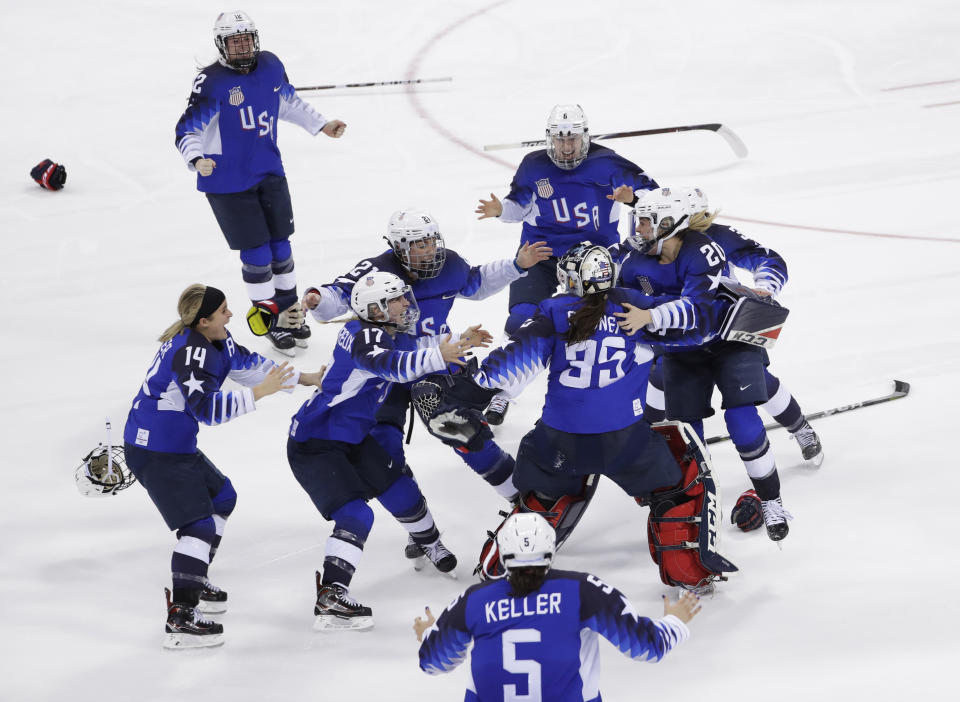 United States celebrates winning gold in the women’s gold medal hockey game against Canada at the 2018 Winter Olympics in Gangneung, South Korea, Thursday, Feb. 22, 2018. (AP)