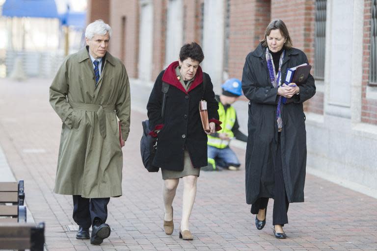 Members of the legal defense team for Boston bomber Dzhokhar Tsarnaev, (L-R) David Bruck, Miriam Conrad and Judy Clarke, arrive at John Joseph Moakley United States Courthouse on April 8, 2015