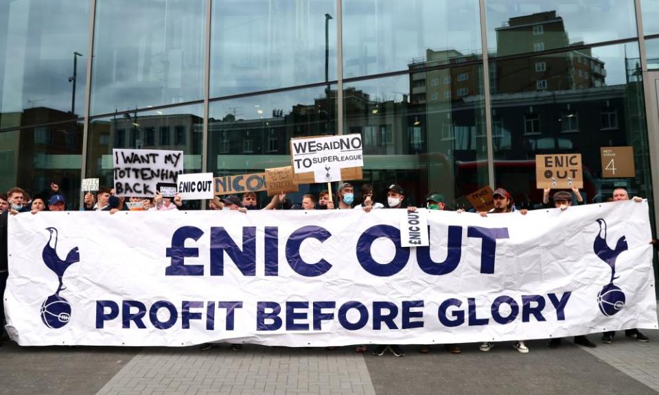 Tottenham fans protest at the stadium on Wednesday.