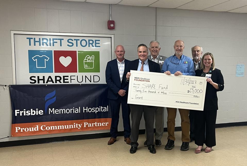 Frisbie Memorial Hospital, part of HCA New England Healthcare, awarded the Share Fund with a $25,000 grant to help them support the community and address food insecurity in Greater Rochester. From left, Chris Finley, associate vice president of community engagement for HCA Healthcare; Rochester Mayor Paul Callaghan; Tim Jones, CEO of Frisbie Memorial Hospital; Donald "Skip" Smith, Share Fund executive director; Jerry Rainville, Share Fund board chairman; and Megan Gray, chief nursing officer at Frisbie Memorial Hospital.