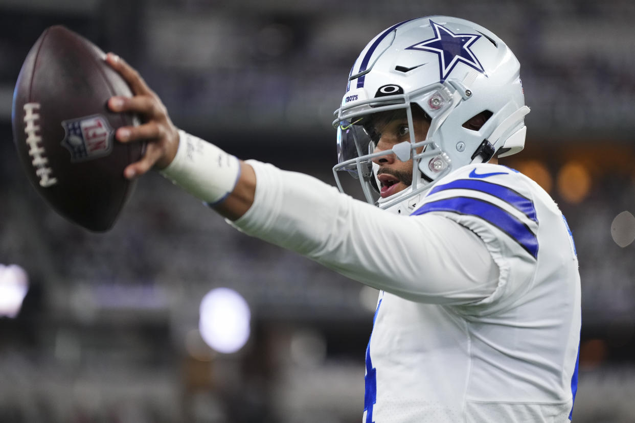 ARLINGTON, TX - SEPTEMBER 11: Dak Prescott #4 of the Dallas Cowboys warms up against the Tampa Bay Buccaneers at AT&T Stadium ahead of an NFL game on September 11, 2022 in Arlington, TX. (Photo by Cooper Neill/Getty Images)
