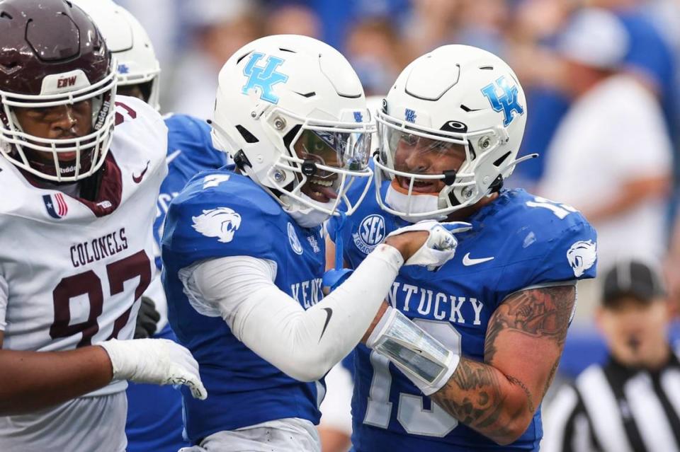 Kentucky Wildcats wide receiver Barion Brown (7) celebrates a play against the Eastern Kentucky Colonels at Kroger Field on Saturday.