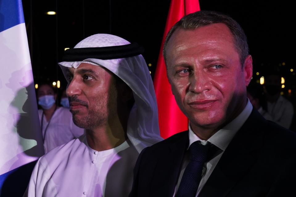 Israeli Tourism Minister Yoel Razvozov, right, and Emirati Minister of State for Entrepreneurship and Small and Medium Enterprises Ahmad Belhoul al-Falasi attend a ceremony at the Israeli pavilion at Expo 2020 in Dubai, United Arab Emirates, Thursday, Oct. 7, 2021. Israel ceremonially opened its gleaming pavilion at the world's fair in Dubai on Thursday, over a year after normalizing ties with the United Arab Emirates and amid a pandemic that has disrupted much of the tourist and cultural exchanges promised by the U.S.-brokered accords. (AP Photo/Jon Gambrell)