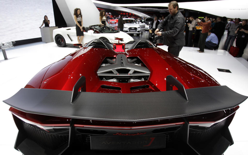 The Lamborghini Aventador J is on display on Wednesday, March 7, 2012 during the press preview days at the 82nd Geneva International Motor Show in Geneva, Switzerland.The Motor Show will open it's doors to public from the 8th to the 18th of March presenting more than 260 exhibitors and more than 180 world and European premieres. (AP Photo/Frank Augstein)