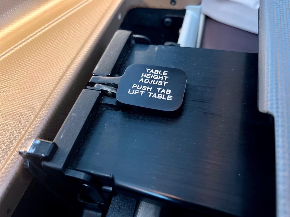 The lever on the tray table to adjust it up and down.