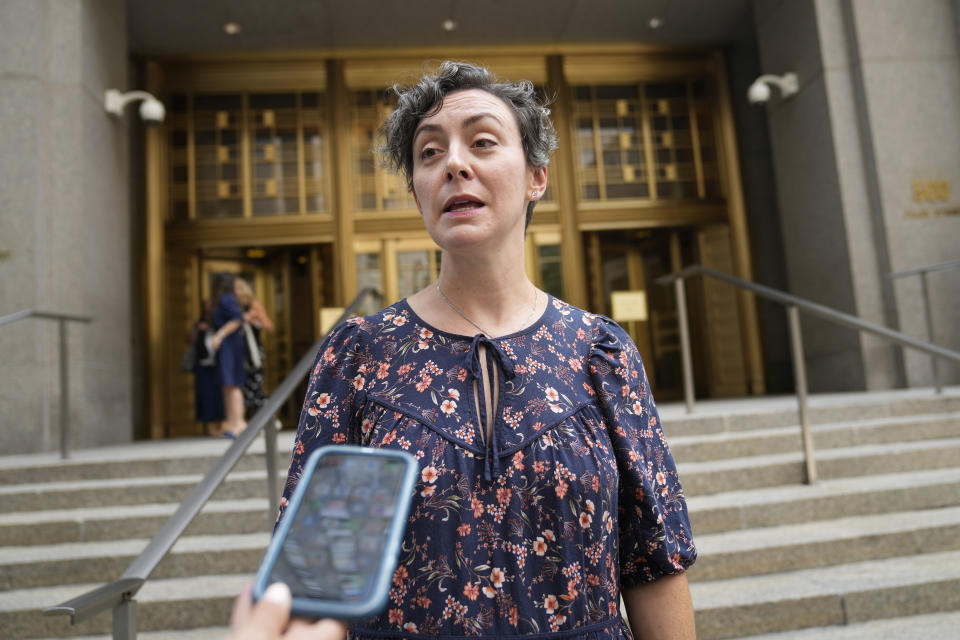 Sexual assault survivor Marissa Hoechstetter speaks to members of the media after sentencing proceedings concluded for convicted sex offender Robert Hadden outside Federal Court, Tuesday, July 25, 2023, in New York. (AP Photo/John Minchillo)