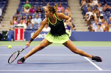 Aug 29, 2016; New York, NY, USA; Madison Keys of the United States returns a shot against Alison Riske of the United States on day one of the 2016 U.S. Open tennis tournament at USTA Billie Jean King National Tennis Center. Mandatory Credit: Jerry Lai-USA TODAY Sports