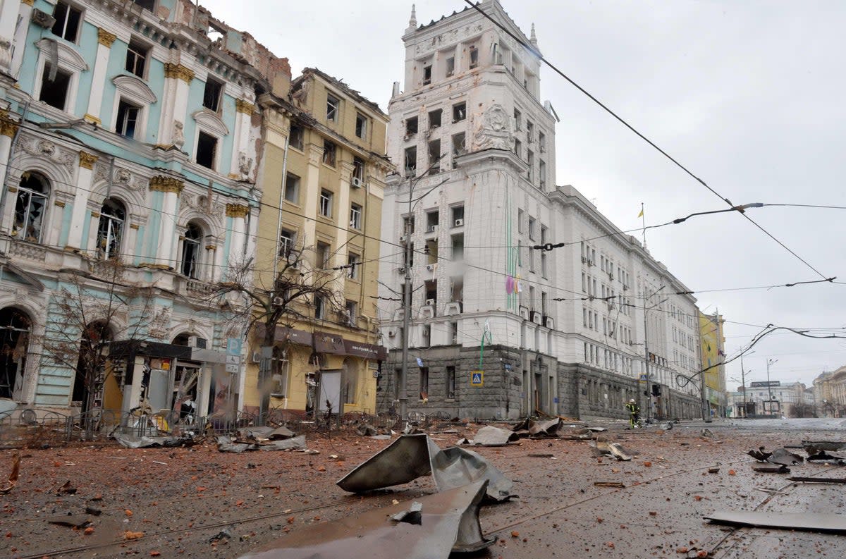 Damage after shelling by Russian forces of Constitution Square in Kharkiv (AFP via Getty Images)