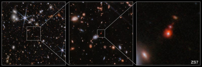 Left to right: A field containing ZS7, a smaller region in the field, and ZS7. - Image: <a class="link " href="https://esawebb.org/images/weic2413b/" rel="nofollow noopener" target="_blank" data-ylk="slk:ESA/Webb, NASA, CSA, J. Dunlop, D. Magee, P. G. Pérez-González, H. Übler, R. Maiolino, et. al;elm:context_link;itc:0;sec:content-canvas">ESA/Webb, NASA, CSA, J. Dunlop, D. Magee, P. G. Pérez-González, H. Übler, R. Maiolino, et. al</a>