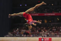 <p>Simone Biles competes on the balance beam during the women’s U.S. Olympic Gymnastics Trials on June 27, 2021, in St. Louis. </p>