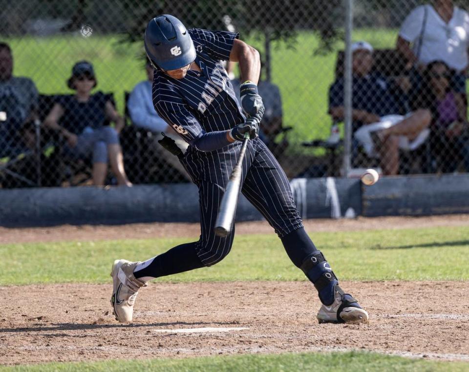 Central Catholic’s Joel Roberts connects on a double during the Northern California Regional Division III semifinal playoff game with Arcata at Central Catholic High School in Modesto, Calif., Thursday, June 1, 2023. Central won the game 7-4.