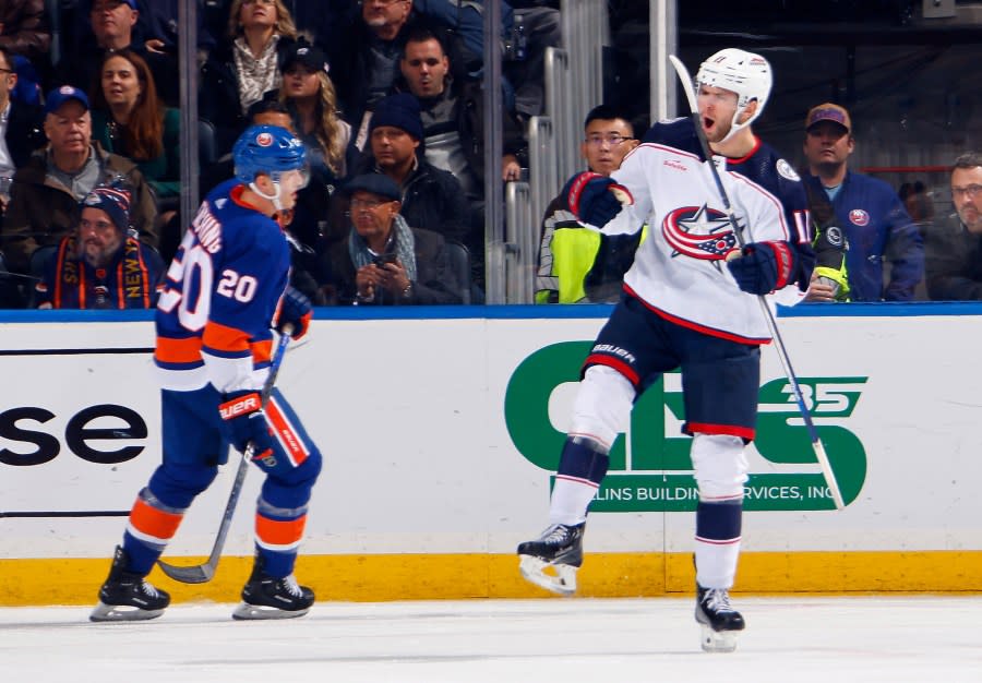 ELMONT, NEW YORK – DECEMBER 07: Adam Fantilli #11 of the Columbus Blue Jackets celebrates his goal against the New York Islanders at 10:08 of the second period at UBS Arena on December 07, 2023 in Elmont, New York. (Photo by Bruce Bennett/Getty Images)