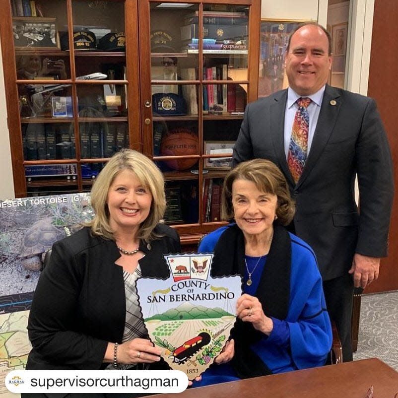 Left to right, former San Bernardino County District 2 Supervisor Janice Rutherford, the late Sen. Dianne Feinstein, and Fourth District Supervisor Curt Hagman.