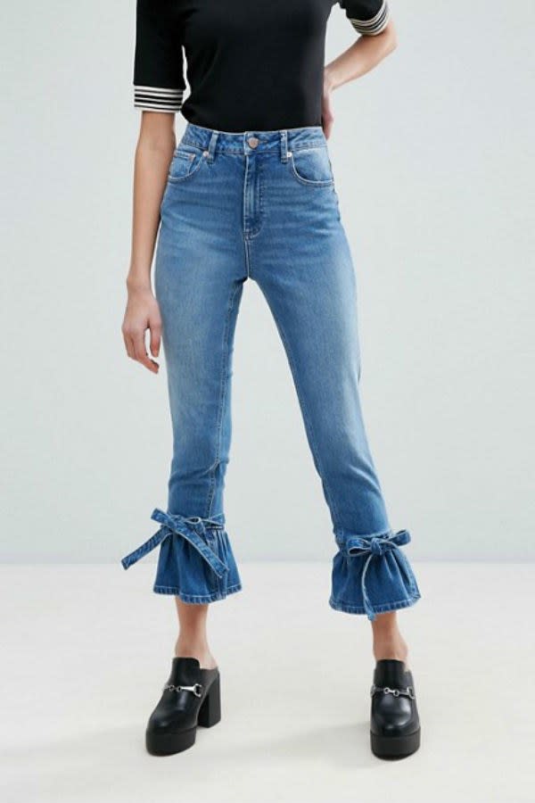 <p>ASOS Farleigh high waist slim mom jeans $58, <a rel="nofollow noopener" href="http://us.asos.com/asos/asos-farleigh-high-waist-slim-mom-jeans-with-flared-bow-hem-in-prince-wash/prd/7663455?mbid=synd_yahoostyle" target="_blank" data-ylk="slk:asos.com;elm:context_link;itc:0;sec:content-canvas" class="link ">asos.com</a></p>