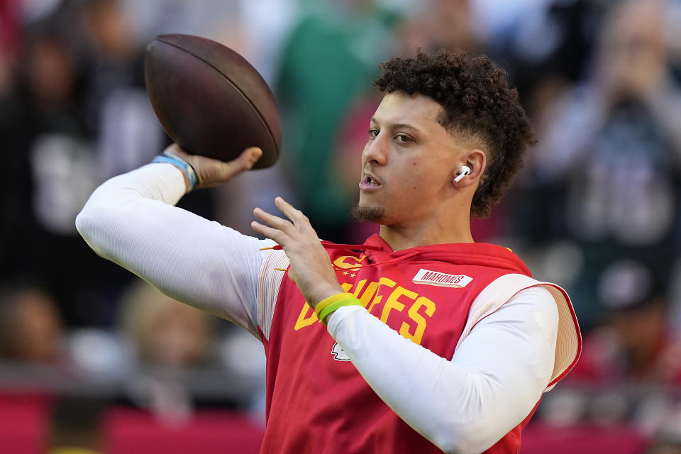 Kansas City Chiefs quarterback Patrick Mahomes warms up before the NFL Super Bowl 57 football game between the Kansas City Chiefs and the Philadelphia Eagles, Sunday, Feb. 12, 2023, in Glendale, Ariz. (AP Photo/Brynn Anderson)