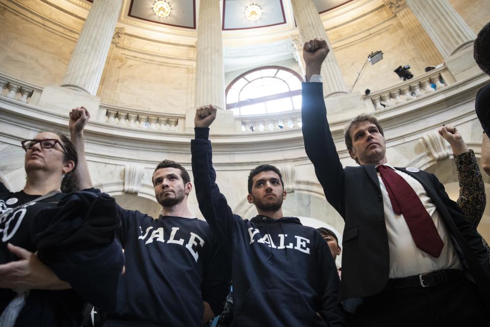 Some protesters wore Yale sweatshirts. Ramirez claims she was assaulted by Kavanaugh while they were both attending the university.