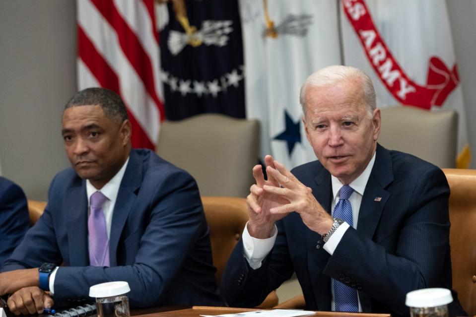 Cedric Richmond (left), a senior adviser seen with President Joe Biden at a 2021 meeting, is national co-chair of the reelection campaign. He said Biden has “earned the African-American vote.” (Photo by Drew Angerer/Getty Images)