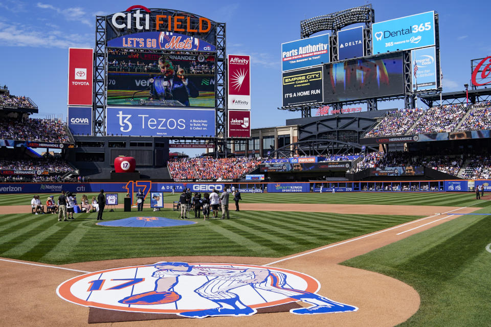 New York Mets announcer and former player Keith Hernandez speaks during a pre-game ceremony to retire his player number before a baseball game between the Mets and Miami Marlins, Saturday, July 9, 2022, in New York. (AP Photo/John Minchillo)